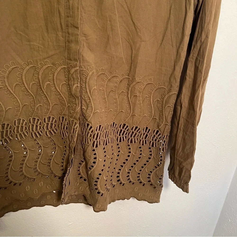 J. Crew Women's Sz 0 Delaney Eyelet-Trim Shirt Spiced Olive Green Tan Collarless
